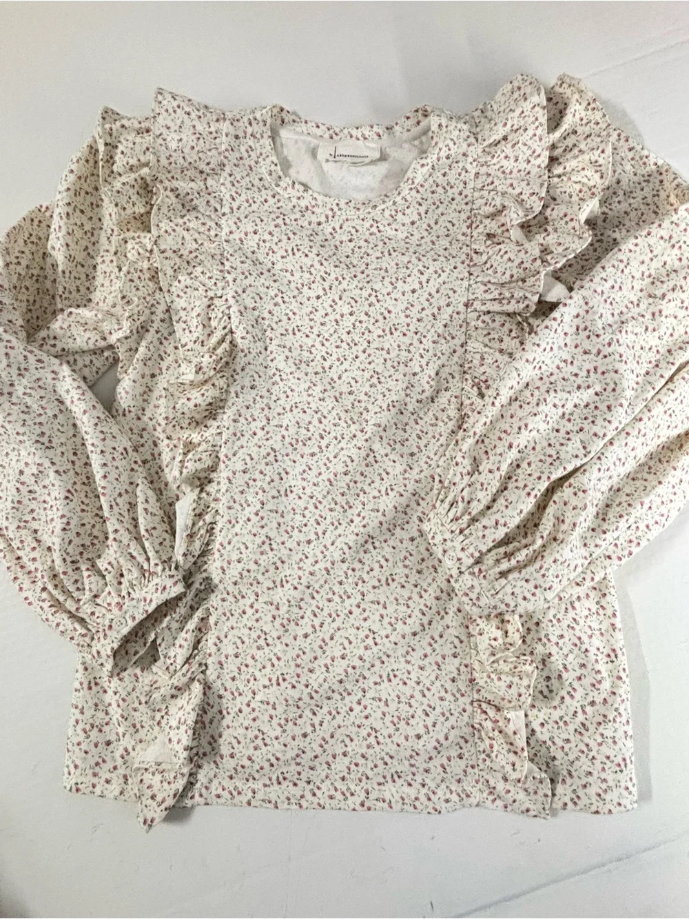 Anthropologie Blouse Dainty Pink Floral Print Ruffle Long Sleeve Blouse Large